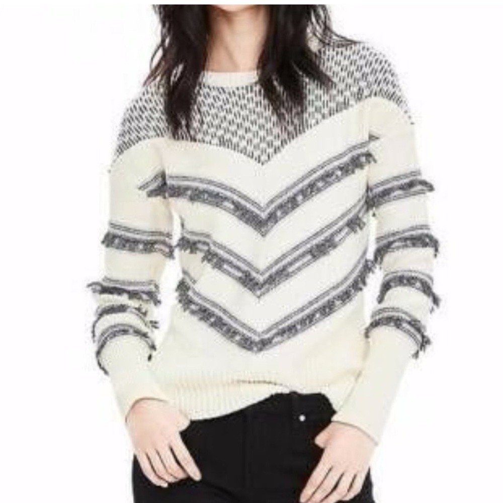 Banana Republic Women's Medium Chevron Fringe Black White Chunky Knit Sweater